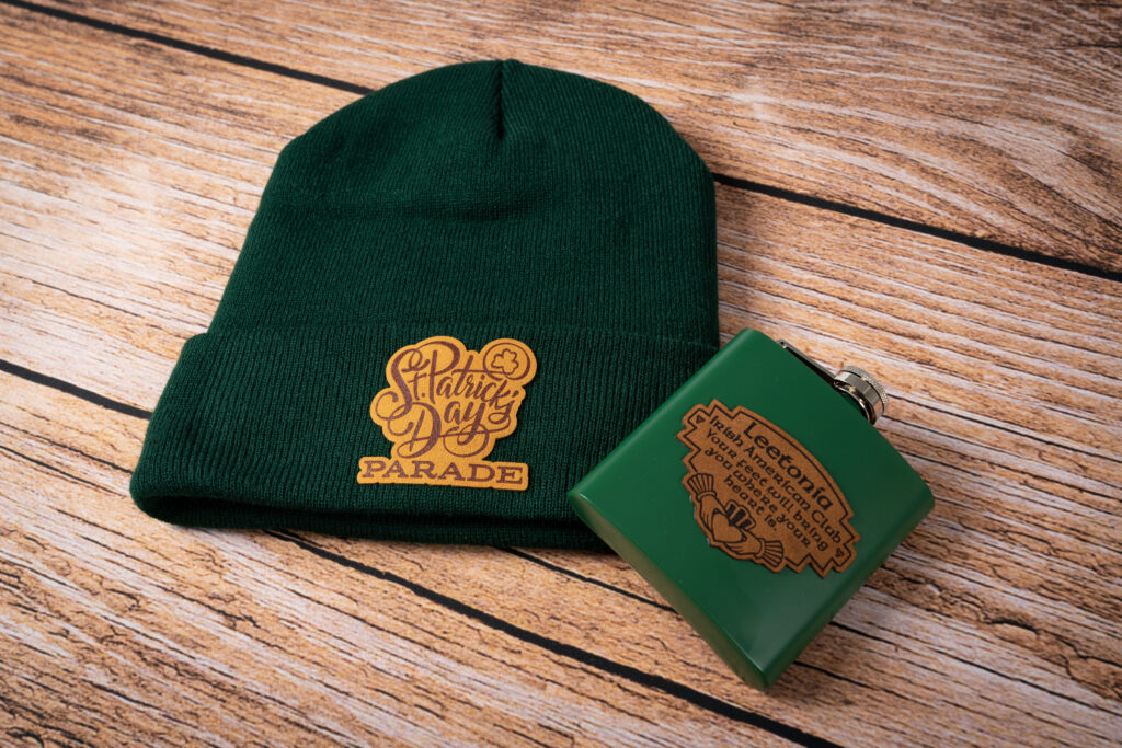 Faux Suede patches on beanie and drinkwear