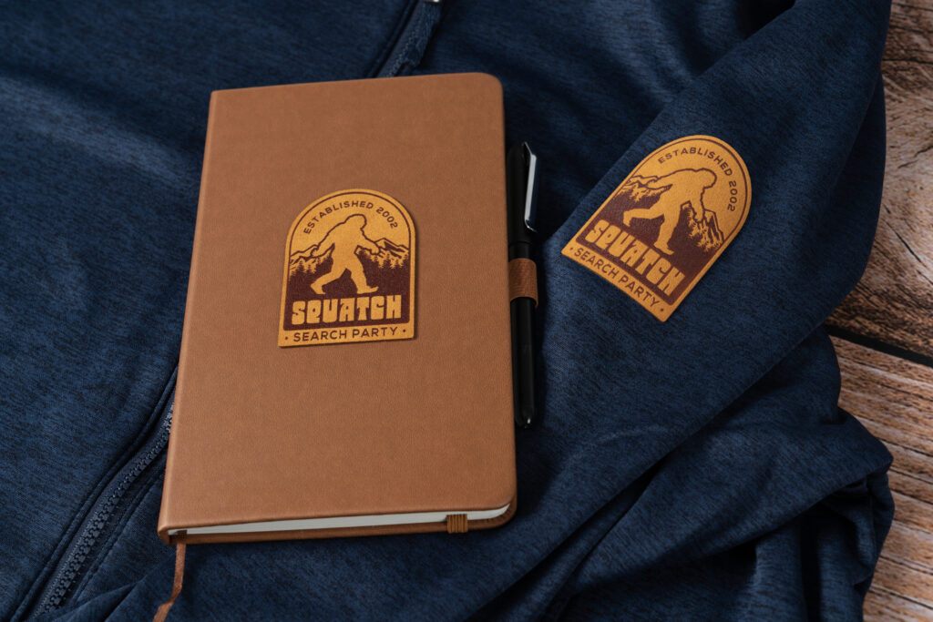 Faux Suede patches on sweatshirt and notepad